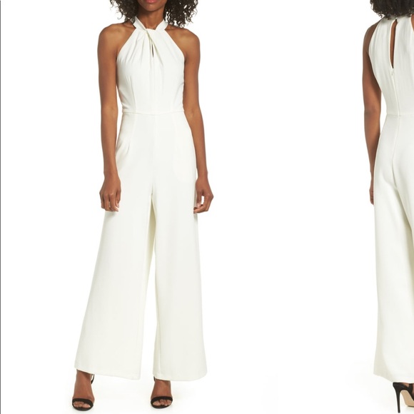 julia jordan knotted halter wide leg jumpsuit